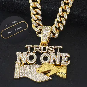 Hip Hop Popular Fashion Rhinestone Pendant Necklace - "TRUST NO ONE" Ice Cuban Chain, Alloy for Men & Women Cubanlink Jewelry Gifts