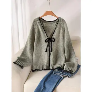 Women's contrasting border knit cardigan, front tie, loose long sleeved, V-neck, lightweight and thick, knit top, casual black, feminine, autumn daily fashion, retro women's dress, basic style, minimalism, V-neck knitRAIMENTRY