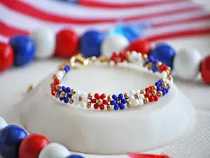 Red White and Blue Beaded Flower Bracelet Patriotic Glass Seed Bead Jewelry 4th of July Gift for Her Summer Coquette 6.5 Inches Adjustable