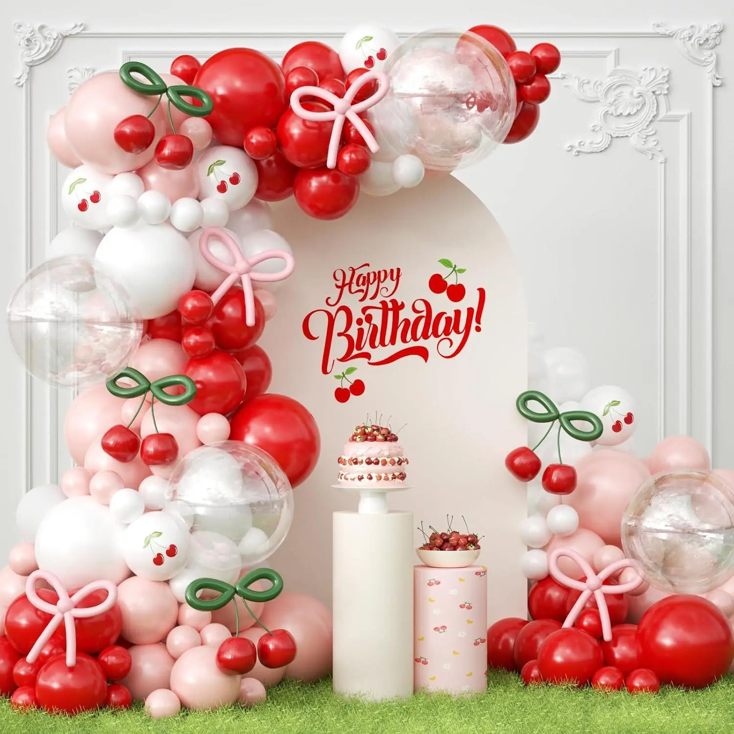 181Pcs Cherry Balloon Arch Garland Kit, Cherry Party Decorations With Clear Green Pink 260 Balloons For Cherry On Top Baby Shower Birthday Bridal Shower Wedding Galentine'S Valentine'S Day