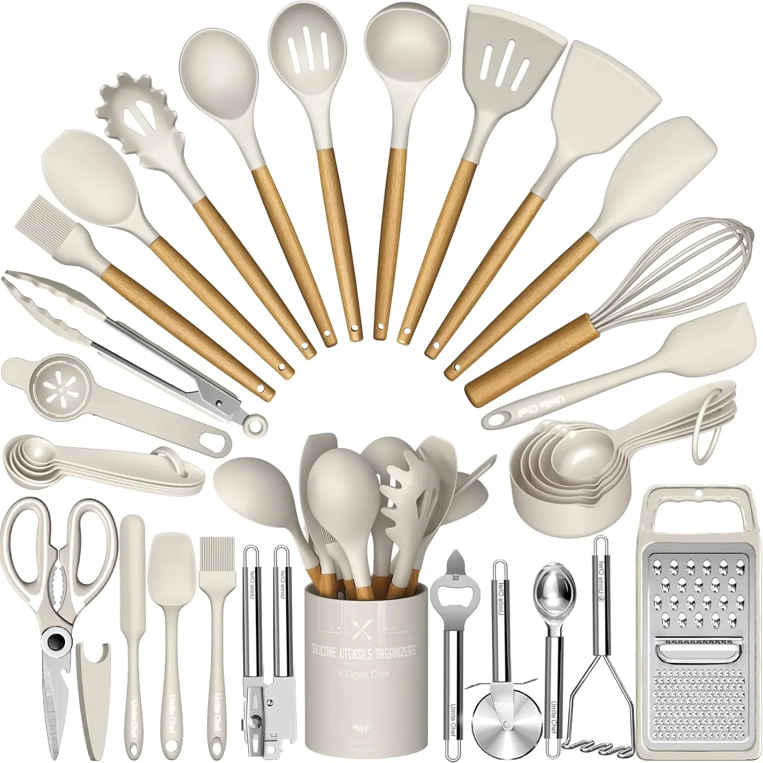 Cooking Utensils Set-  Khaki Silicone Kitchen Utensils Set, 34PCS Heat Resistant Kitchen Gadgets Tools Set with Grater, Wooden Handle Kitchen Spatula Set for Nonstick Cookware