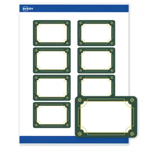 Avery Printable Labels with Sure Feed Technology, Rectangle, 2" x 3", Pre-Printed Green & Metallic Gold Border Design, Matte White, Laser & Inkjet Compatible, 80 Total