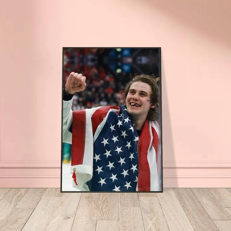 Iconic Jack Hughes Poster, Hockey Golden Goal Wall Art, USA Chipped Tooth Decor, Modern Black Metal Frame Art (No Frame)