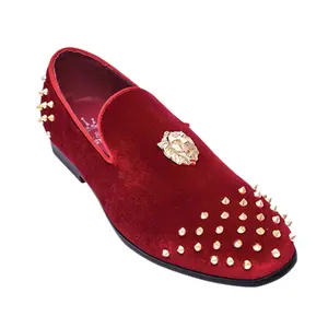Red Velvet Loafers with Gold Spikes – Luxury Prom & Formal Shoes