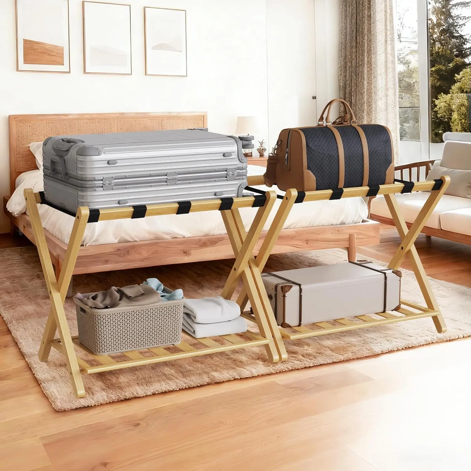Luggage Racks Set of 2, Bamboo 26.77" Foldable Luggage Rack Stand with Storage Shelf for Guest Room Bedroom Hotel, 5 Nylon Straps, Holds up to 165 Lbs, Yellow, 2 Pcs
