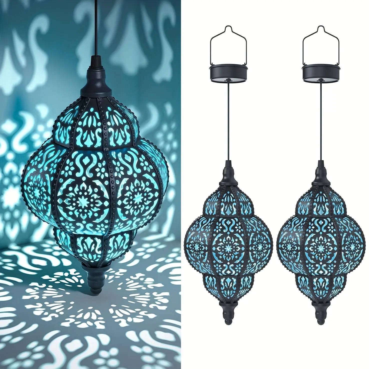 2 Pack Solar Lanterns, Multicolor Large Round Moroccan Style Outdoor Hanging Lights with Cut-Out Design, IP54 Waterproof, for Garden, Patio, Pathway, Halloween and Christmas Decor