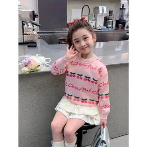 Girls' Cozy Fleece-Lined Sweater - Long Sleeve Ribbed Knit Pullover with Cherry Print, Soft Pink Winter Top for Youngsters & Youngsters, Casual Long Sleeve Sweater