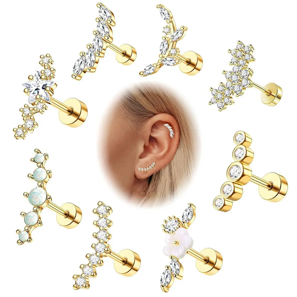 2026 8-Pack 14K Gold Plated Stainless Steel Flat Back Cartilage Earrings Set, Mixed CZ Opal Flower Leaf Ear Climber Screw Back Studs, Hypoallergenic Piercing Jewelry for Helix Conch Lobe Daily Wear Party Birthday Gift