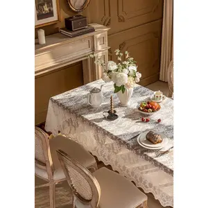 Lace Tablecloth Embroidery Floral, Table Cloth Rectangle Table with Wavy Openwork,Tablecloths for Wedding,Afternoon Tea,