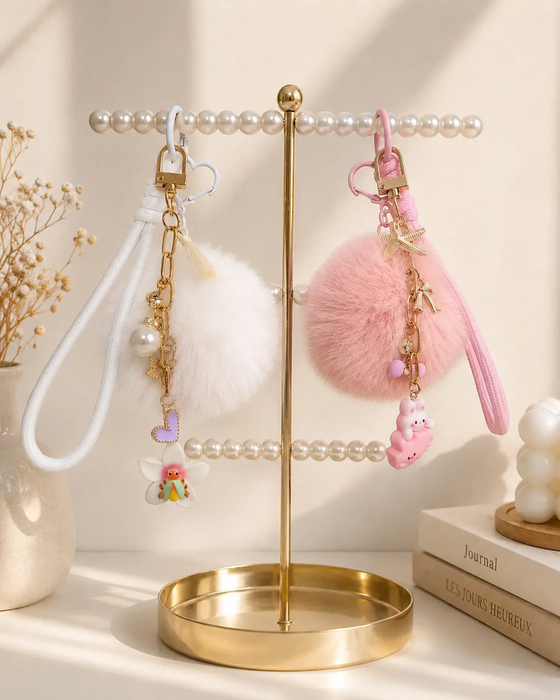 Handmade Pompoms Keychain & Bag Charm, Whimsical Faux Fur Accessory with Soft Texture and Gold-Tone Charms