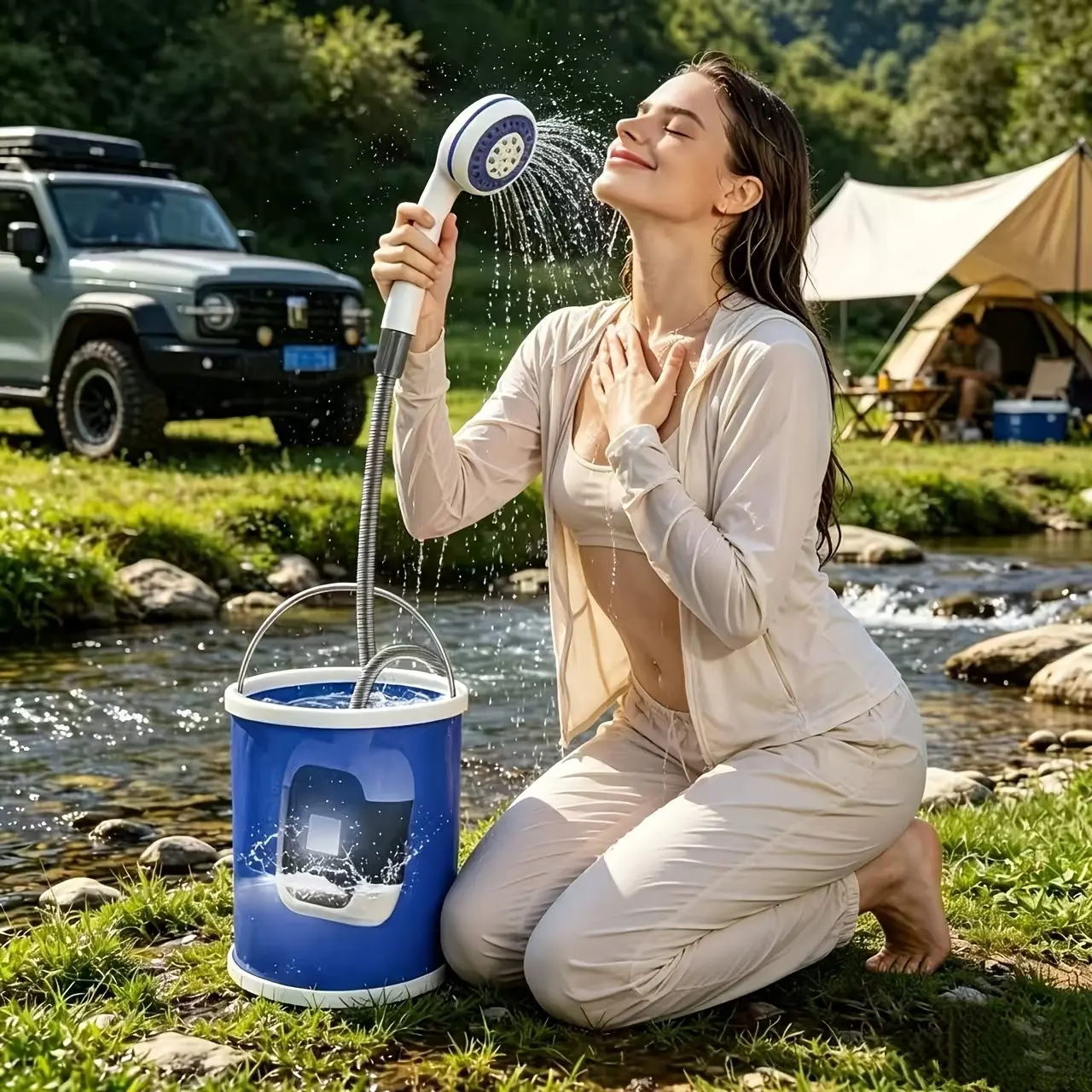 Multifunctional Outdoor Portable Shower | Camping Shower, USB Rechargeable Shower System with Handheld Sprayer. Draws Water Directly from Buckets. Compact And Lightweight for Camping, Hiking, Travel, And Pet Bathing