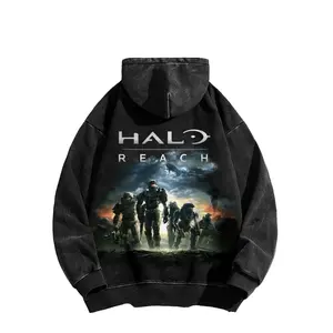 Halo Reach Unisex Washed Cotton Hoodie RPG Graphic Sweatshirt Popular Anime Comics Game Merchandise Men's Printed Straight-Leg Hoodie Casual Fashion Breathable