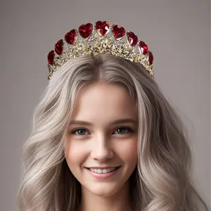 Queen of Heart Tiara, Red Heart Crown, Fairy Gold Headband, Costume Headpiece, Romantic Headband, Love Crown, Quinceanera Hairpiece, Birthday Gift