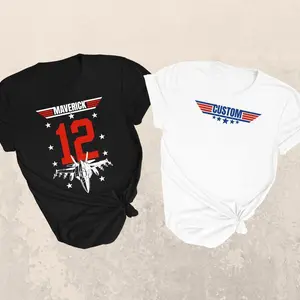 Custom maverick fighter jet birthday shirt for kids and adults, personalized pilot name t-shirt with jet graphic and stars, soft cotton birthday party tee featuring military aviation wings, unique gift tshirt for plane lovers.