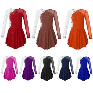 Kids Girls Stylish Neckline Shiny Rhinestone Decorated Patchwork Contrast Color Skating Dance Dress Cheer Uniforms Dancewear Shorts