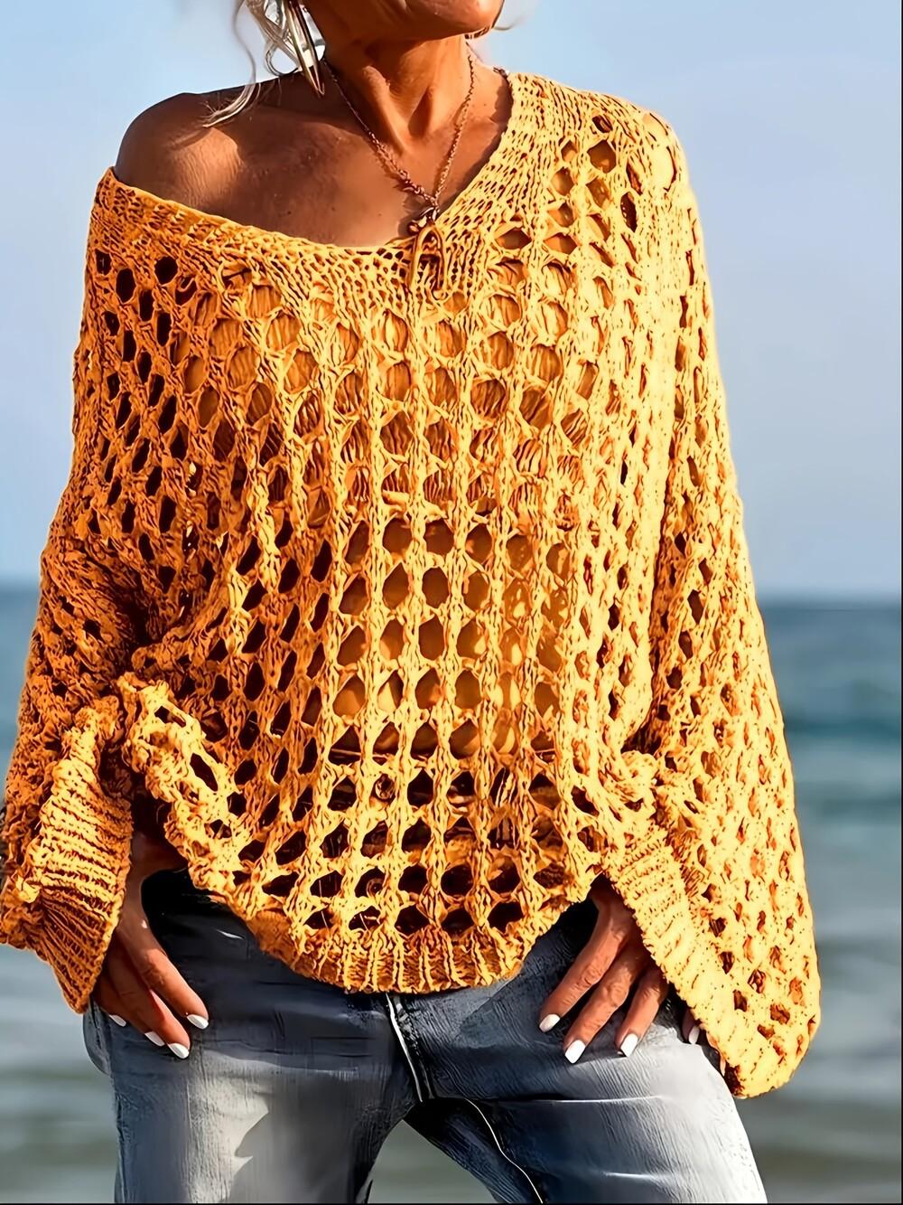 Womens Crochet Knit Sweater Y2K Long Sleeve Hollow Out Pullover Top Beach Cover Up Loose Fit Fishnet Shirt