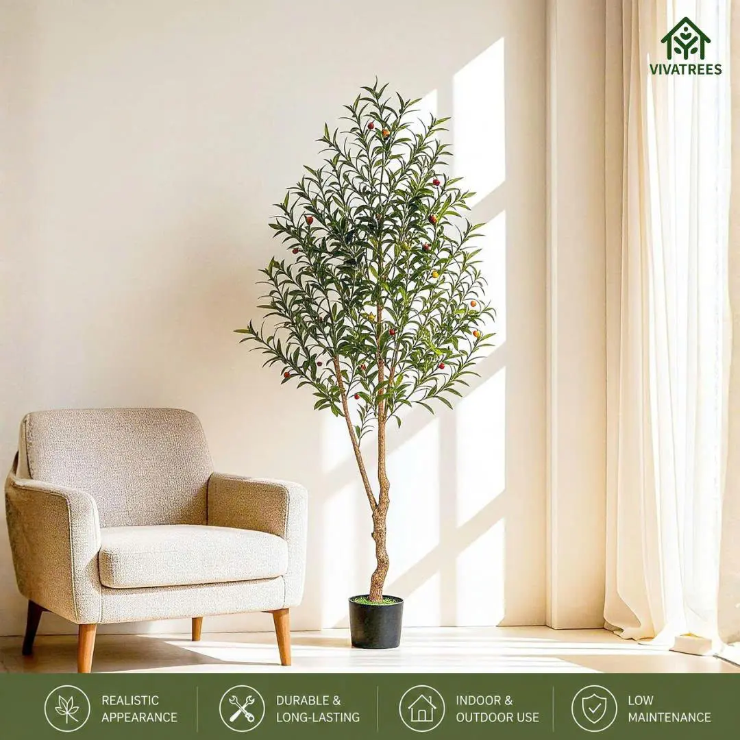 5/6/7/8FT Artificial Olive Tree with Black Pot, Tall Faux Silk Tree with Natural Wood Trunk and Lifelike Fruits