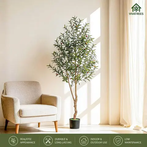 5/6/7/8FT Artificial Olive Tree with Black Pot, Tall Faux Silk Tree with Natural Wood Trunk and Lifelike Fruits