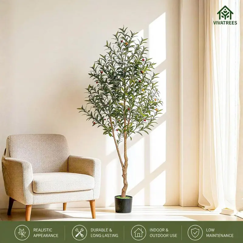 5/6/7/8FT Artificial Olive Tree with Black Pot, Tall Faux Silk Tree with Natural Wood Trunk and Lifelike Fruits