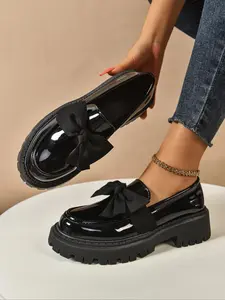 Women's Fashionable Solid Color Bowknot Design PU Leather Loafers, Casual Comfortable Flat Shoes for Daily Wear, Lightweight Breathable Shoes for All Seasons, Girl