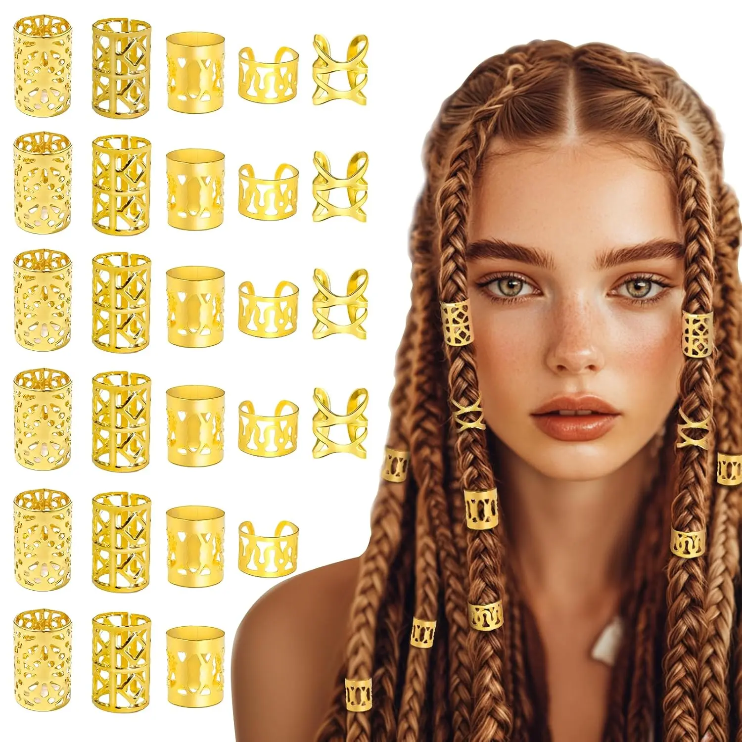 100Pcs Gold Hair Jewelry for Braids Accessories for Women | 5 styles Metal Hair Dreadlock Jewelry Braids Rings Cuffs Clips