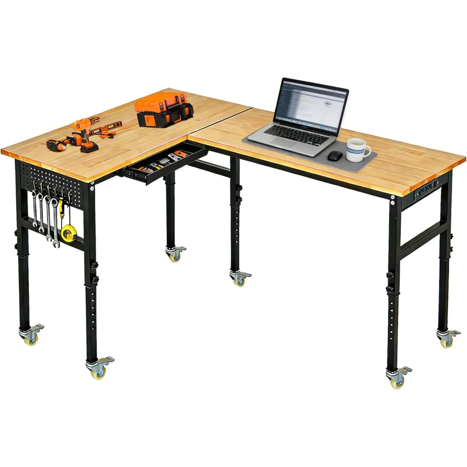 GARVEE Heavy Duty 108" l-Shaped Adjustable Workbench with Wheels, 2000 Lbs Capacity, Power Outlet, Drawers, Pegboard, Rubber Wood Top – Mobile Tool Table for Garage, Workshop, or Home Office