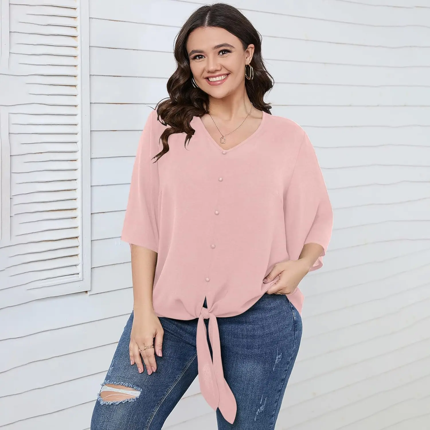SCOMCHIC Women's Plus Size Blouses V Neck Tops 3/4 Sleeve Tie Knot Casual False Button Down Shirts XL-5XL