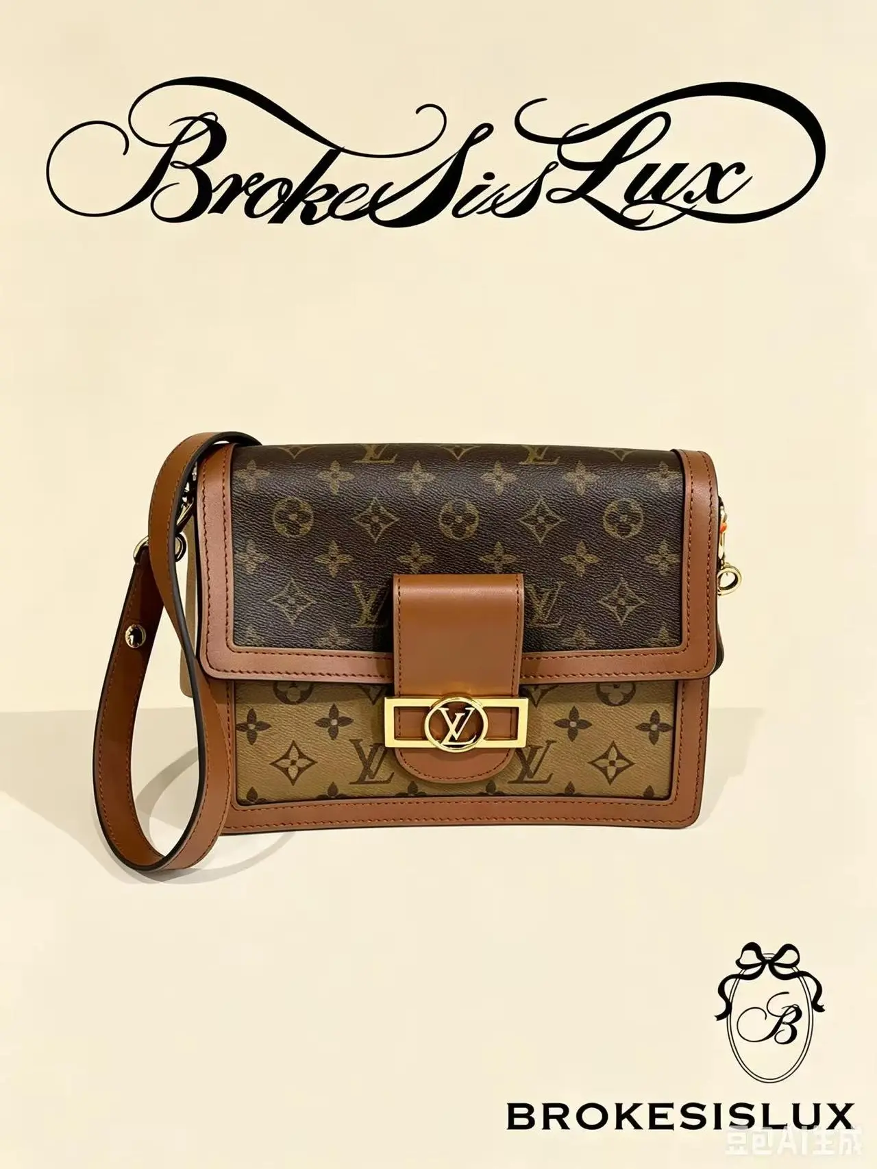 Pre-owned Louis Vuitton Dauphine MM Dual Tone Reverse & Classic Monogram Canvas Flap Bag, Brown Calfskin Trim, Gold LV Square Turnlock