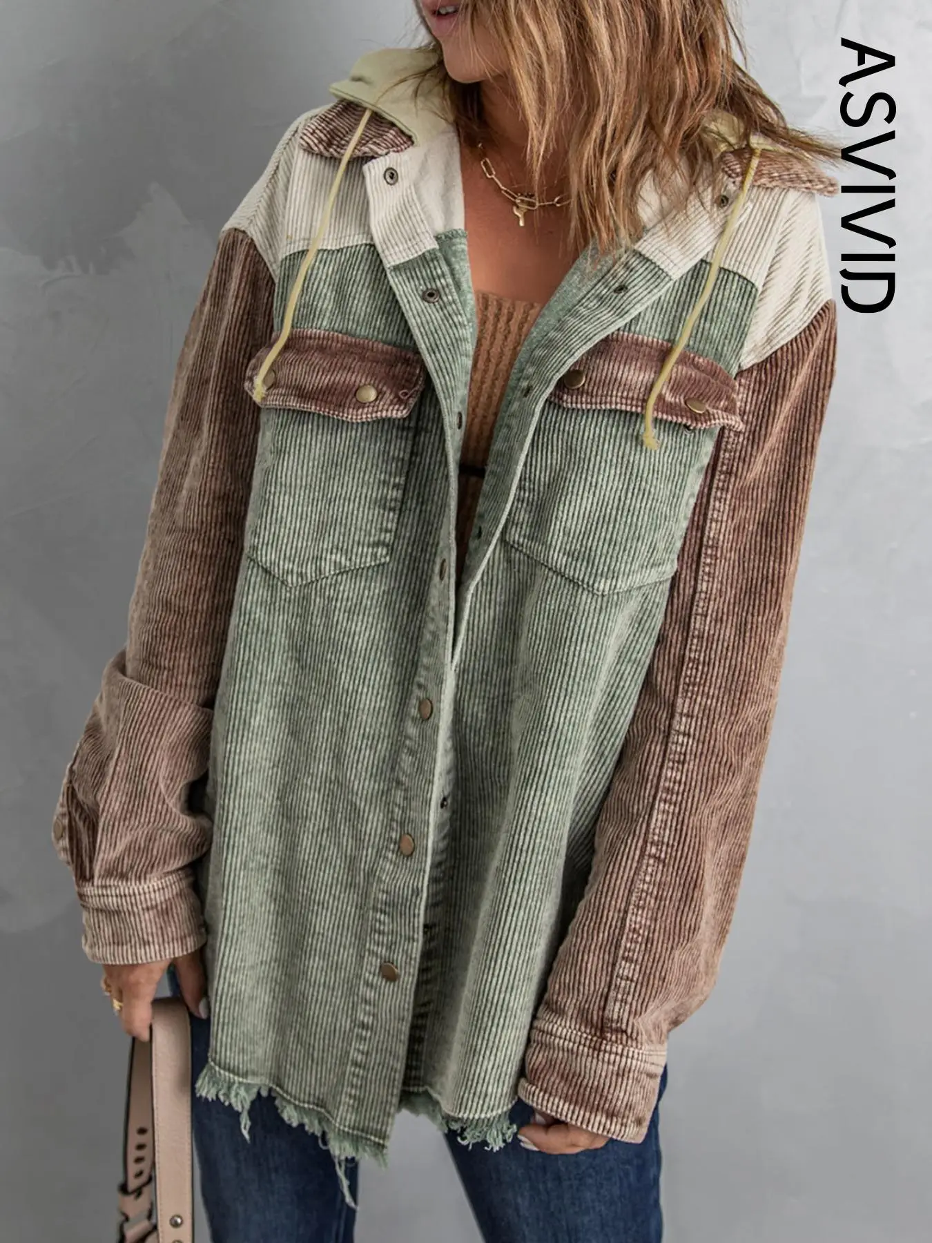 Women's Colorblock Button Front Corduroy Jacket, Casual Drop Shoulder Long Sleeve Outerwear For Fall & Winter, Ladies Clothes For Daily Wear