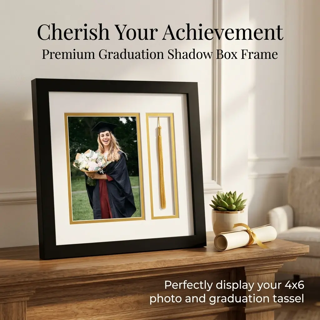 10x10in Graduation Picture Frame (Solid Glass Material) - Suitable for 5x7inPhotos and Ribbons - Double-Layer Picture Frame (White Covering Golden) Signature Series - Graduation Certificate Picture Frame, Equipped with Ribbon Holder, Suitable for Wal