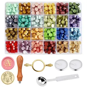 Wax Seal Stamp Kit - Sealing Wax Beads in 24 Colors with Personalized Letter Stamp,Steel Melting Spoon,Tea Candles and Round Molds – Perfect for Wedding Invitations,Envelopes
