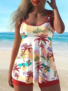 Women's Fashion Two-Piece Summer Tankinis Set Swimsuit, Full Body Floral Print Patchwork Bohemian Color Block Beach Vacation Tropical Print Tankini With Shorts