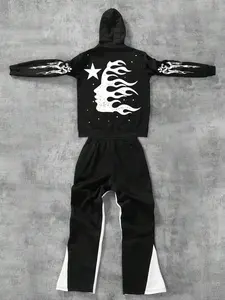 Men's Letter Print Zip Up Hoodie Sweatshirt & Side Striped Drawstring Waist Sweatpants Matching Two-piece Set, Regular Fit Casual Street Long Sleeve Pocket Hoodie & Flared Pants for Fall & Winter, Men's Two-piece Outfits for Daily Wear, Loose