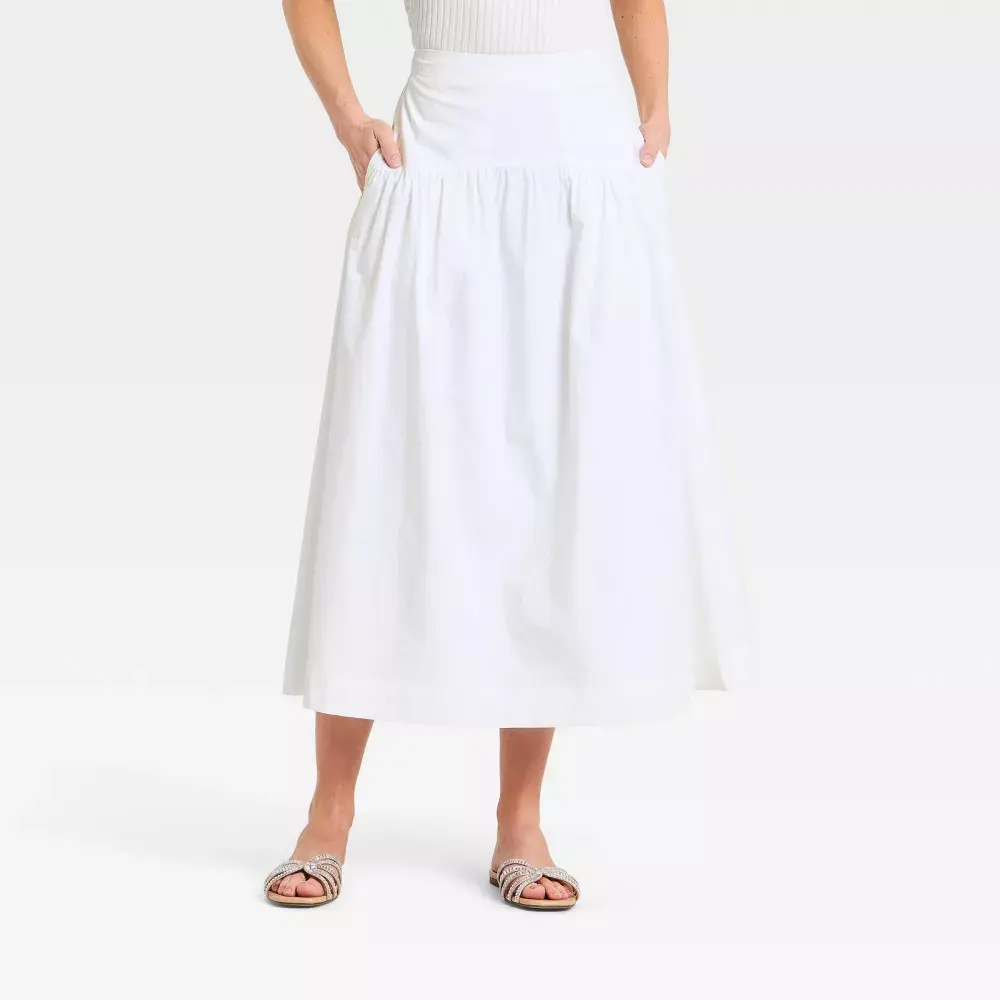 Women's Resort Poplin Drop Waist Midi Skirt - A New Day - White