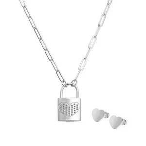 Stately Steel CZ Heart Padlock Paperclip Necklace and Earring Set