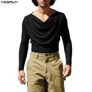 INCERUN Men's All-Season Fitted Cowl Neck Top: Gothic-Inspired Draped Deep V Long Sleeve Tee for Nightclub Dancefloors, Music Festivals, Edgy Layering Looks & Casual Streetwear.