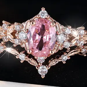 Rose Golden Color Oval-Shaped Leaf Ring with Synthetic Pink Zirconia for Women Perfect for Wedding Engagement Ring Valentine's Day Gift