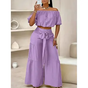 Summer Beach Vacation Bow Shoulderless Round Neck Shirt Wide Leg Pants Set, Casual Basic Plain Design, All Seasons Wear, Women's Fashion, Womenswear, Outfit