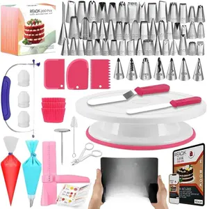 200PCs Cake Decorating Kit for Beginners with Turntable for Decoration - Piping Bags and Tips Set (110+55), Straight & Offset Spatula, Leveler, Video Course, Pattern Chart & More Baking Supplies
