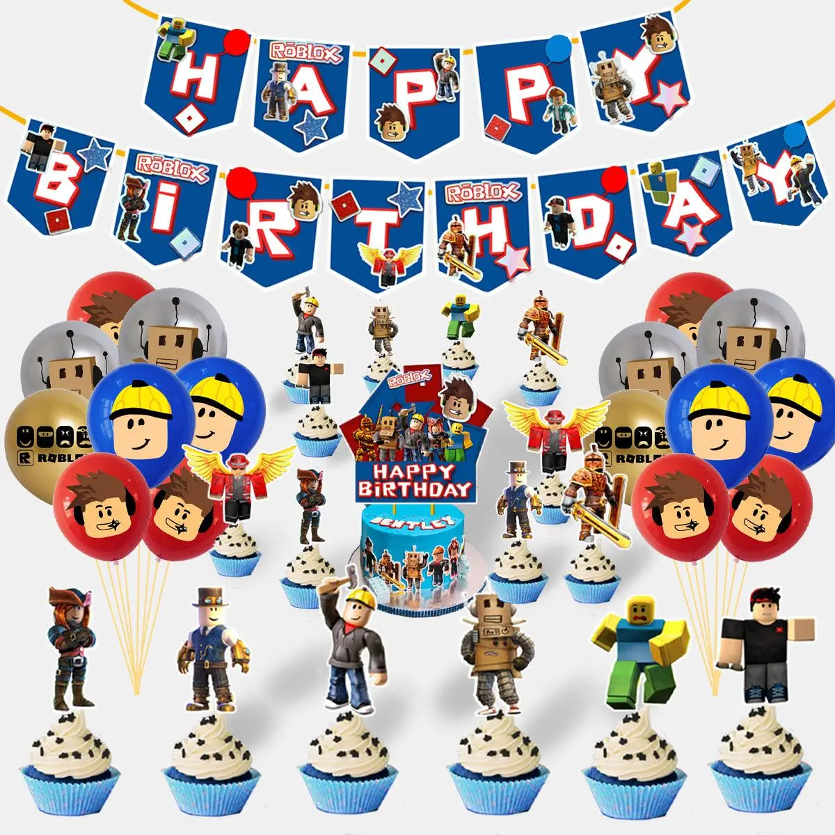 Roblox virtual world–themed flag balloon cake topper set for sandbox games; birthday party decorations; children’s birthday decor; birthday gifts