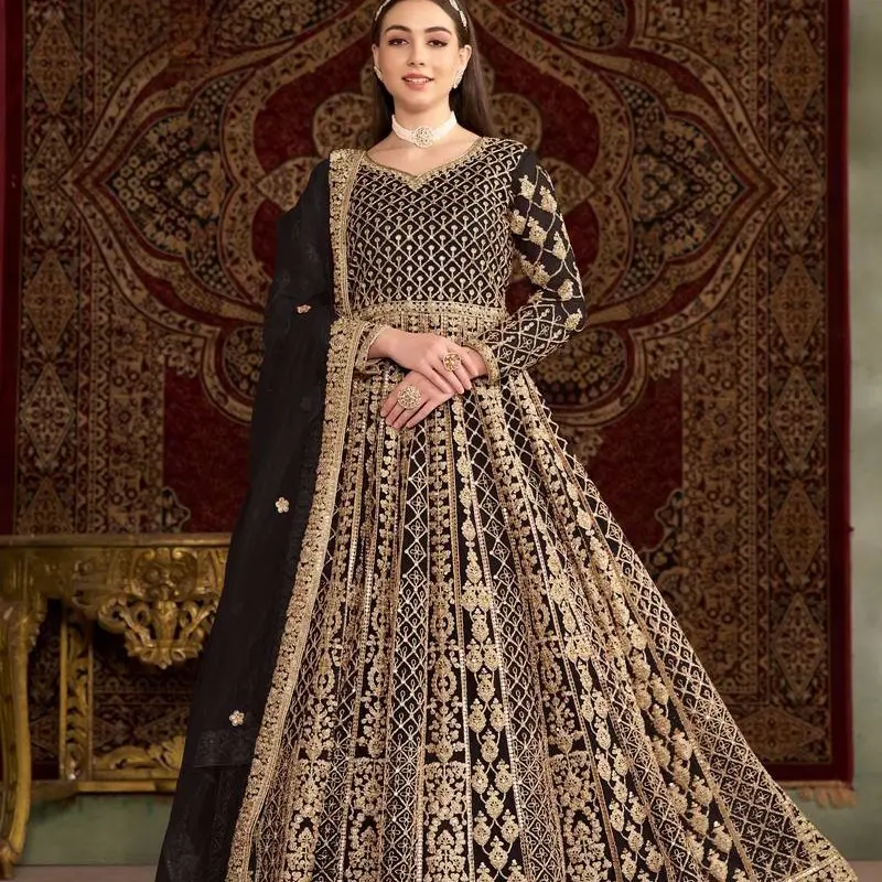 Black color, Big Size 3XL/44-46 in Net fabric All Over heavy Embroidered, Sequence, Thread, and Zari work with length 52 inches Net Wedding Anarkali Gown