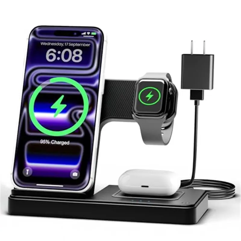 Wireless Charger iPhone Charging Station for Apple Multiple Devices | 3 in 1 Charger Stand for iPhone 17 Pro Max 17e 16 16e 15 14 13 12 & Watch Series 11-2 SE Ultra & Airpods 4 3 Pro, Black