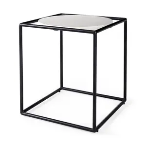 HomeRoots 393200 Suspended White Marble Black Metal Geo Side Table