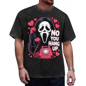 "No You Hang Up" Scream Ghostface Cute Horror Graphic 230g Heavy Washed Cotton Short Sleeve Crewneck Tee Unisex Street Style Oversized Casual Tops