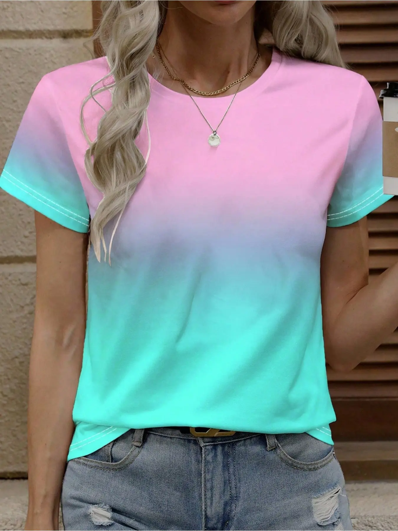 Women's Ombre gradient fashion printed Fitted short sleeved T-shirt, suitable for summer casual outdoor wear, machine washable, commuter top, Womenswear