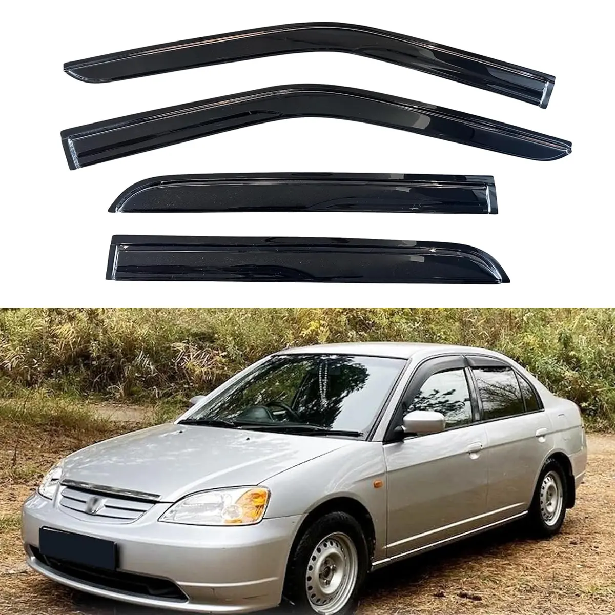 4PCS Automotive Window Visors for 2001-2005 Honda Civic, Smoke Tinted Dark Visor Acrylic Tape-On Vent Shades, Tool-Free Car Sun Protection Rain & Wind Deflectors, No Shop Visit Black Exterior Accessories, Side Window Visor