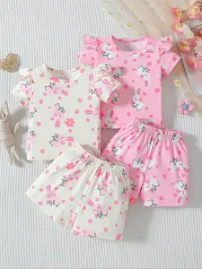 [2-Set Bundle] On Sale! Valentine's Day, Birthday & Newborn Gift Set, Baby Girls' Cute Rabbit Print Outfits, Ruffled Shoulder Detail, Soft Skin-Friendly Fabric, Ideal for Home Wear, Casual Outings & Valentine's Day
