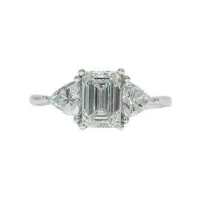 14K White Gold Engagement Ring with Emerald Lab Diamond and Trillion Cut Accent Stones