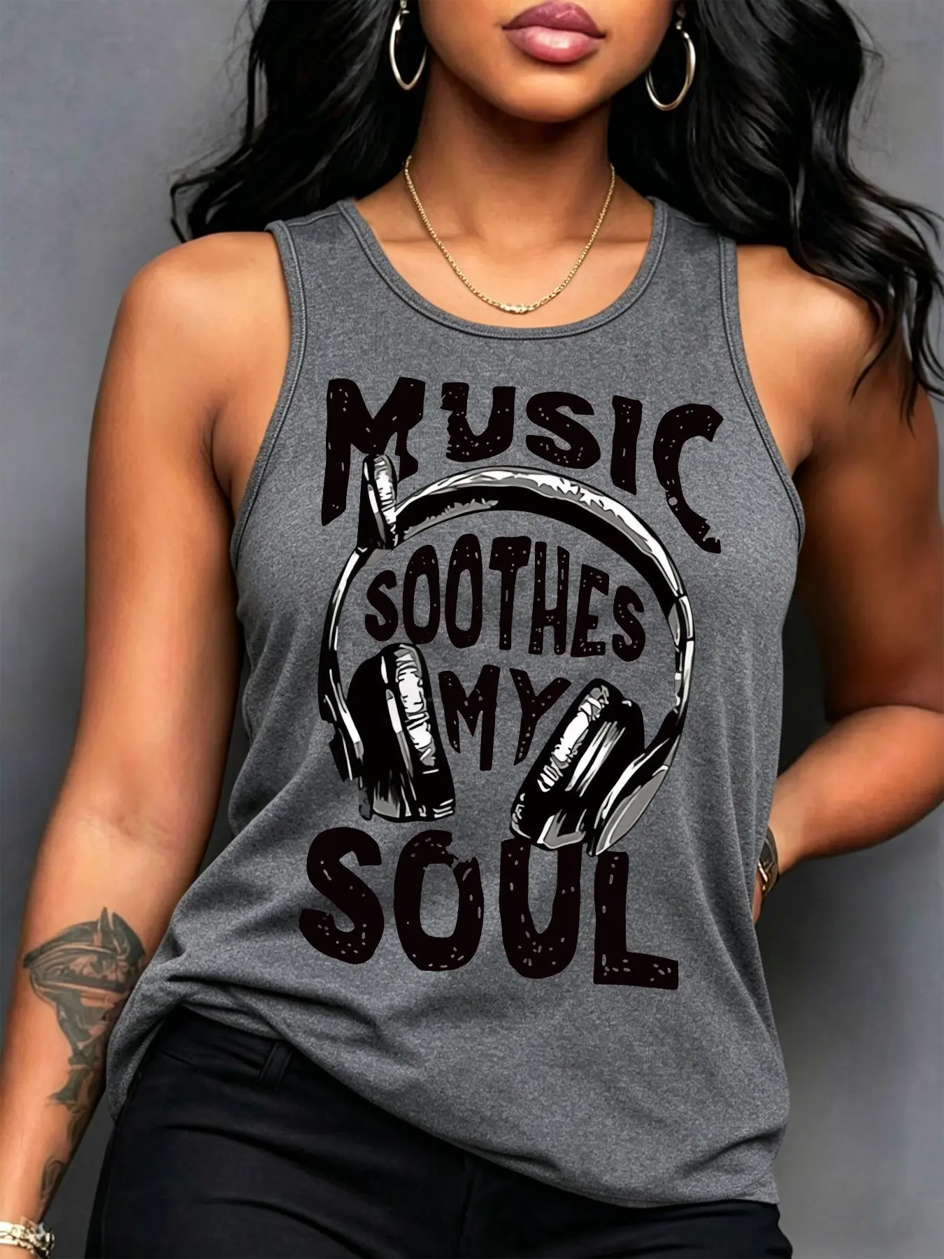 Women's Summer Casual Loose-Fitting Tank Top Vest Camis, Soft Comfortable Home Wear with Headphone and Letter Print, Must-Have for Relaxing, Loose Sleeveless