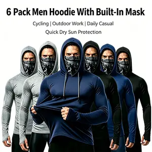 6/3 Pack Men's Hooded Shirt with Built-in Face Mask UPF 50+ Sun Protection for Fishing Running Fitness Outdoor Work Chainsaw Funeral Bestie Tops Sweatshirts Menswear